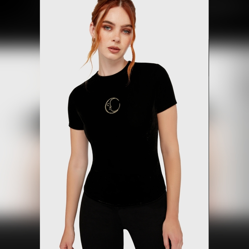 Killstar Black Velvet Moon Tee with Gold Embroidery